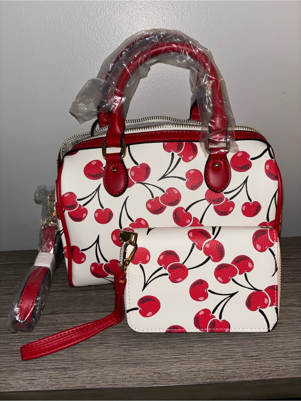 Red Cherry Print Satchel and Wristlet Set - New